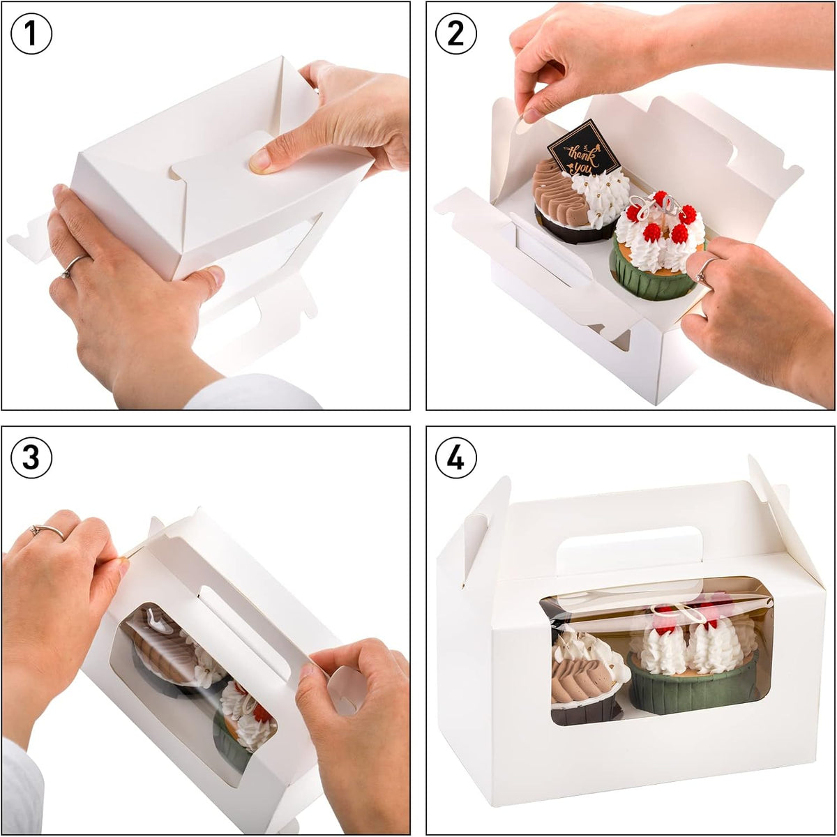 60 Pack 2 Count White Paper Cupcake Boxes with Insert, Handle and Window, Portable Cupcake Muffin Containers, Gable