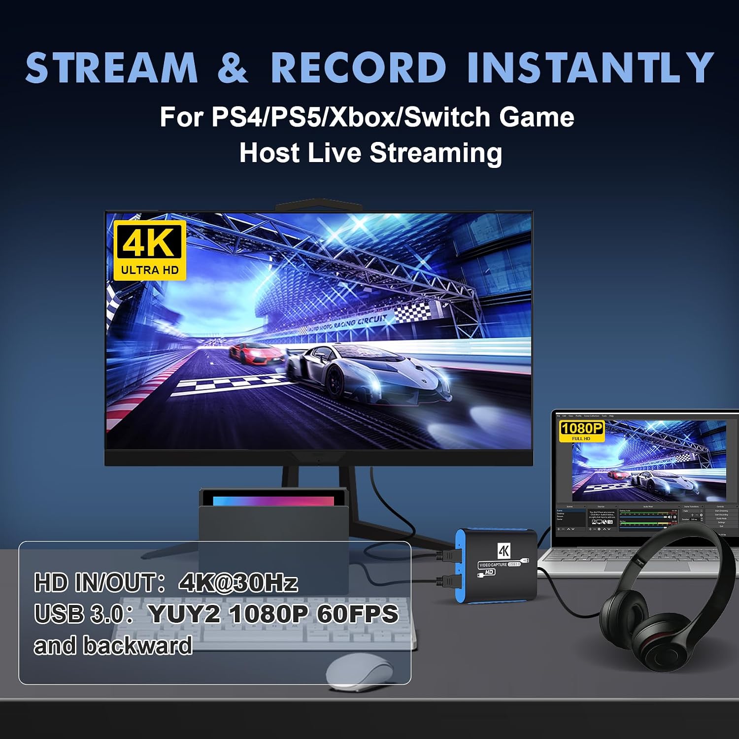 USB Capture Card for Streaming, YUY2 1080P 60FPS for Switch/PS5/Xbox/DSLR | 4K HDMI Pass-Through, 3.5mm Mic-in, Plug