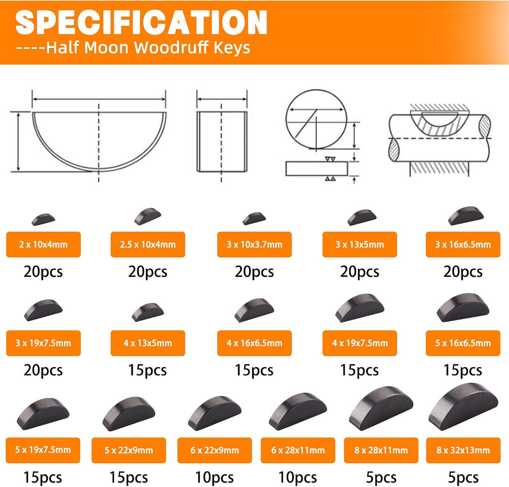 530pcs Metric Carbon Steel Woodruff Key Assortment Kit with 37 Sizes