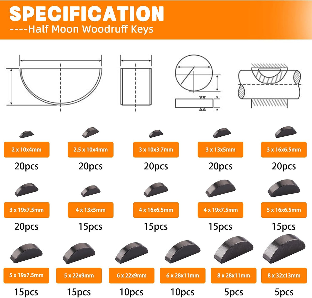 530pcs Metric Carbon Steel Woodruff Key Assortment Kit with 37 Sizes