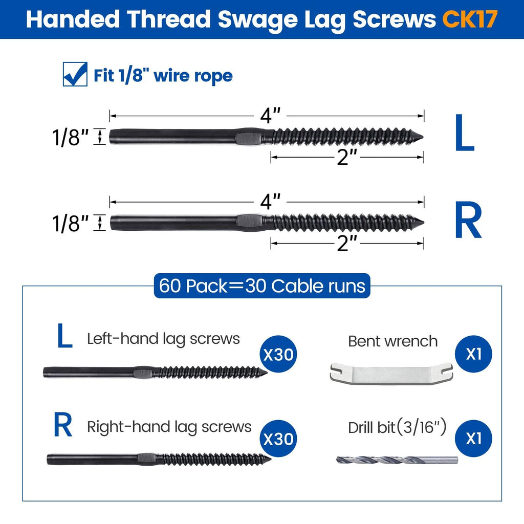 60Pack Black Cable Railing Swage Lag Screws for Wood Post CK17