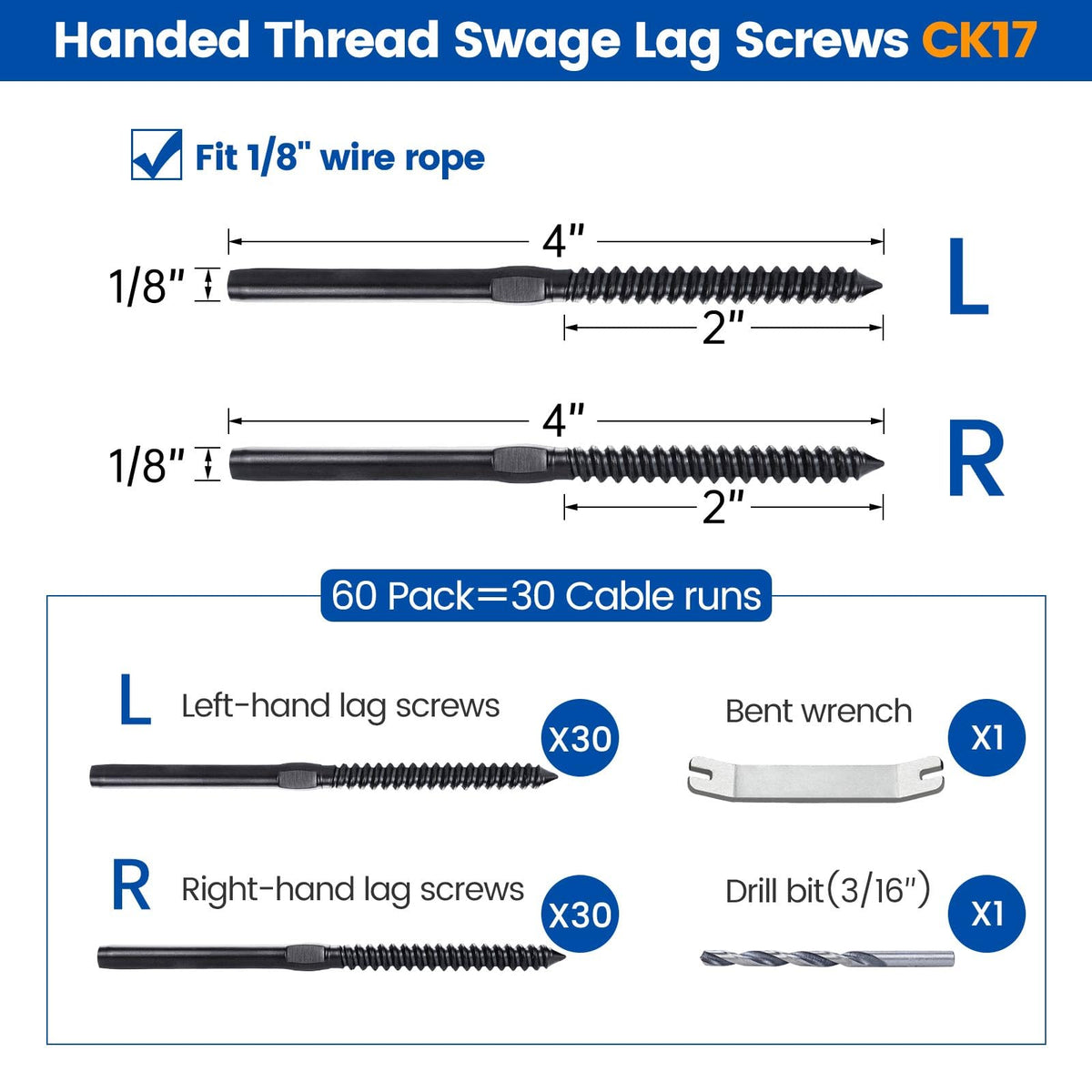 60Pack Black Cable Railing Swage Lag Screws for Wood Post CK17