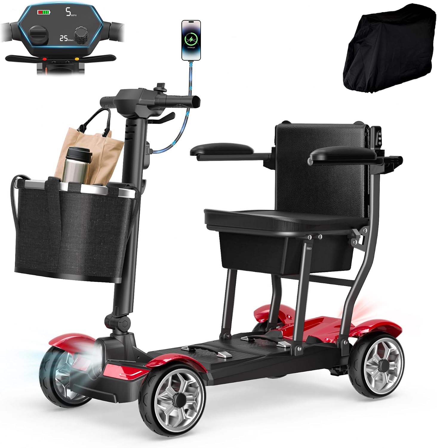 Mobility Scooter for Adults w/Lithium Battery, 43lbs, Red, 30MI