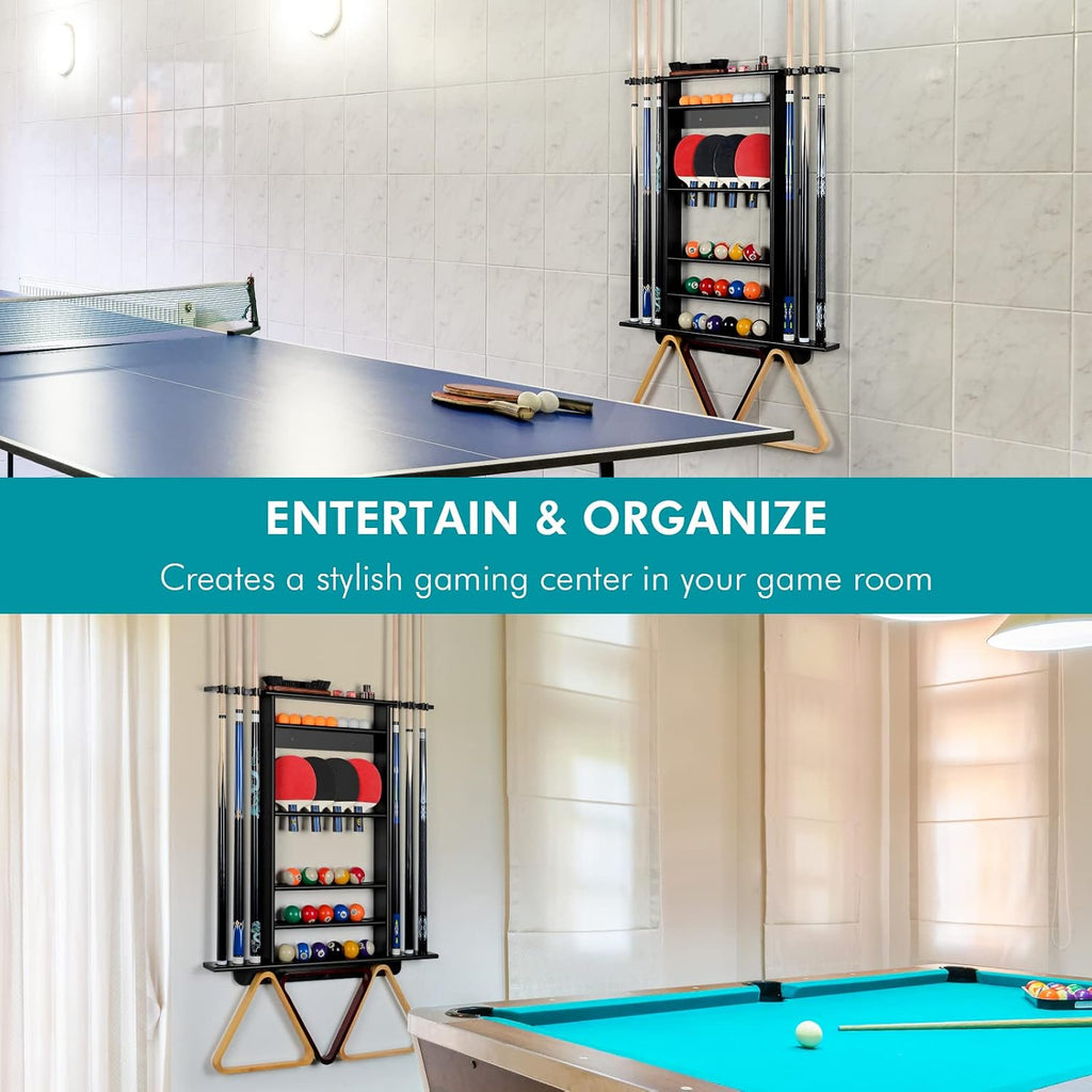 Pool Cue Rack Wall Mount, Billiard & Ping Pong Paddle Storage Organizer | 2-in-1 Game Room Organizer Holds 6 Pool