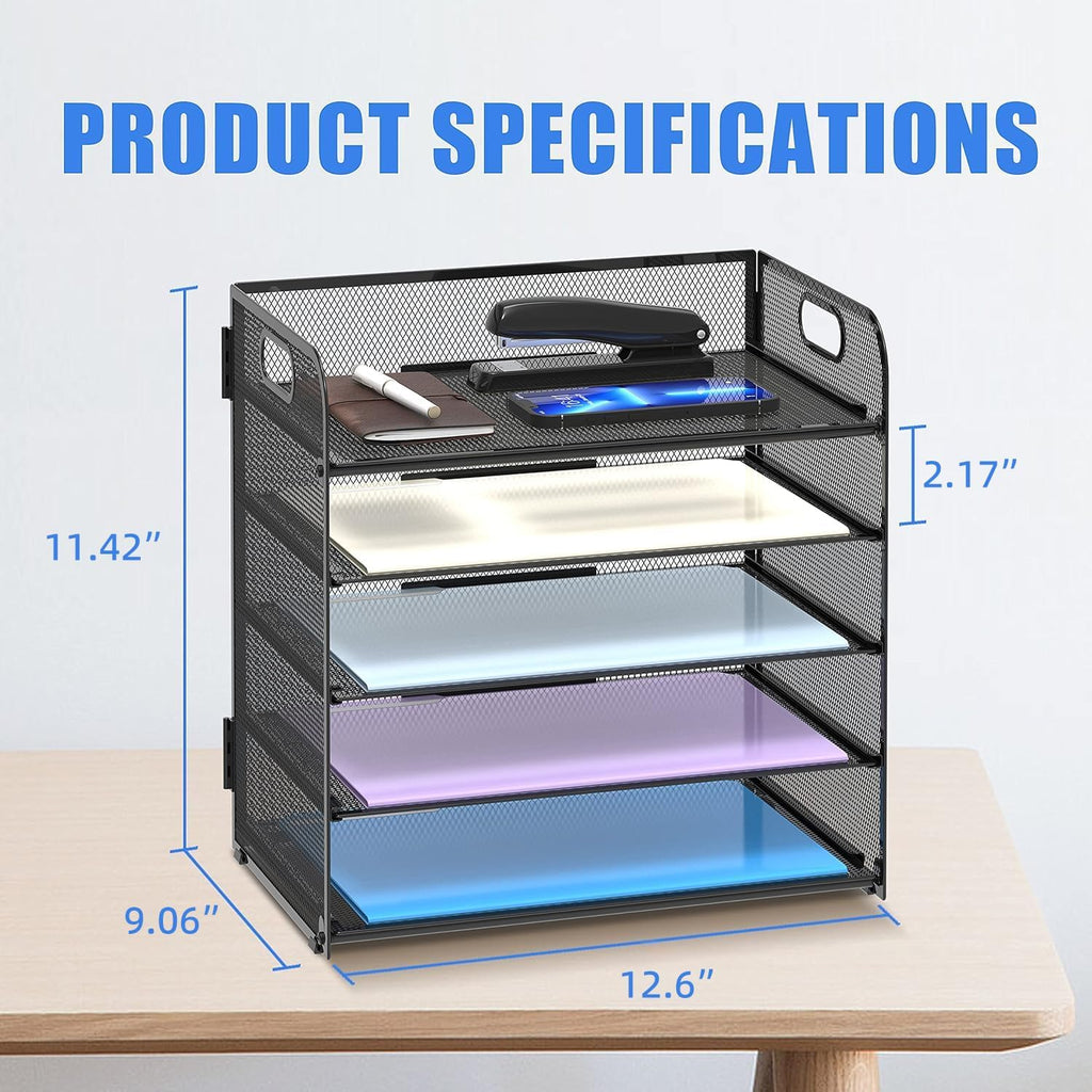 5 Trays Paper Organizer Letter Tray with Handle-Mesh Desk File Holders, Paper Sorter Desk Organizer for Office, Home