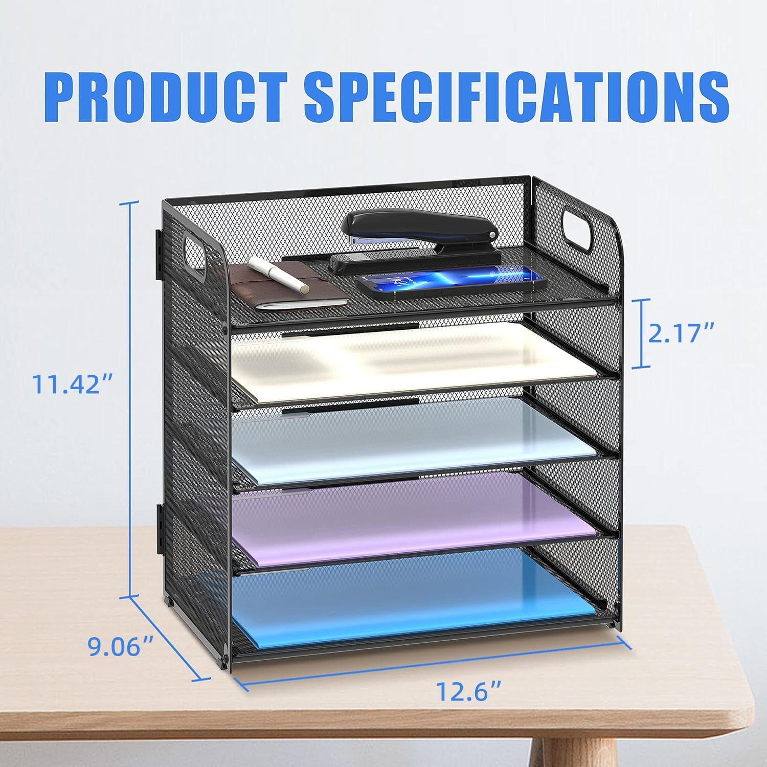 5 Trays Paper Organizer Letter Tray with Handle-Mesh Desk File Holders, Paper Sorter Desk Organizer for Office, Home