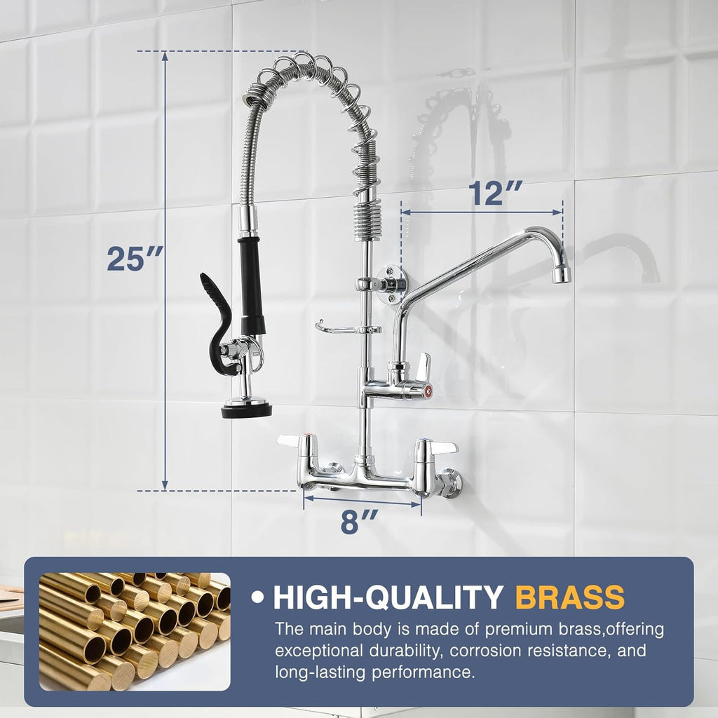 25" Commercial Sink Faucet Wall Mount with Pre-Rinse Sprayer