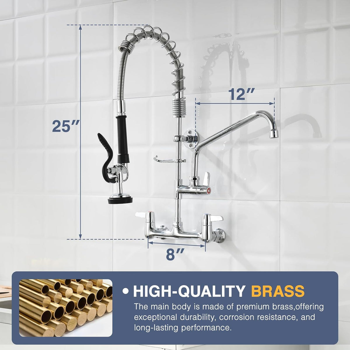 25" Commercial Sink Faucet Wall Mount with Pre-Rinse Sprayer