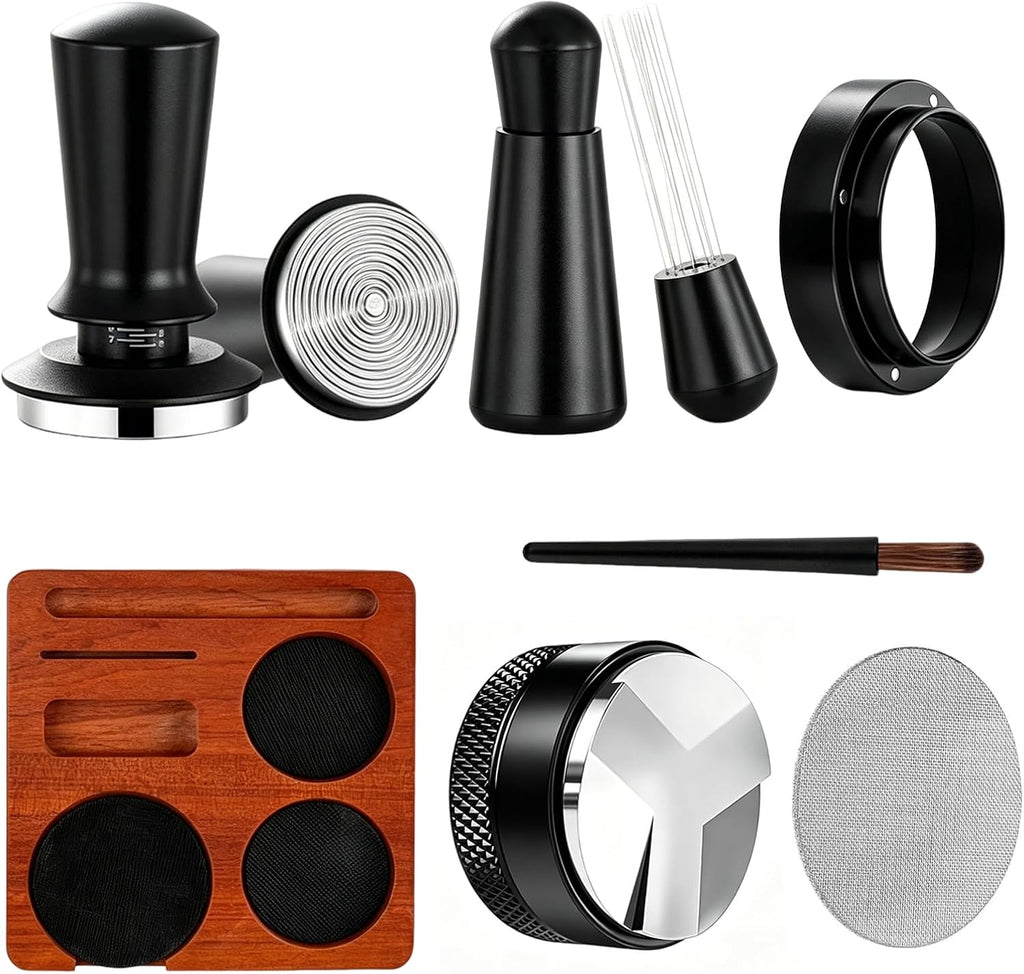 54mm Espresso Accessories Kit, 7Pcs Coffee Tamper Set with Wooden Tamping Station, Tamper, WDT Tool, Distributor