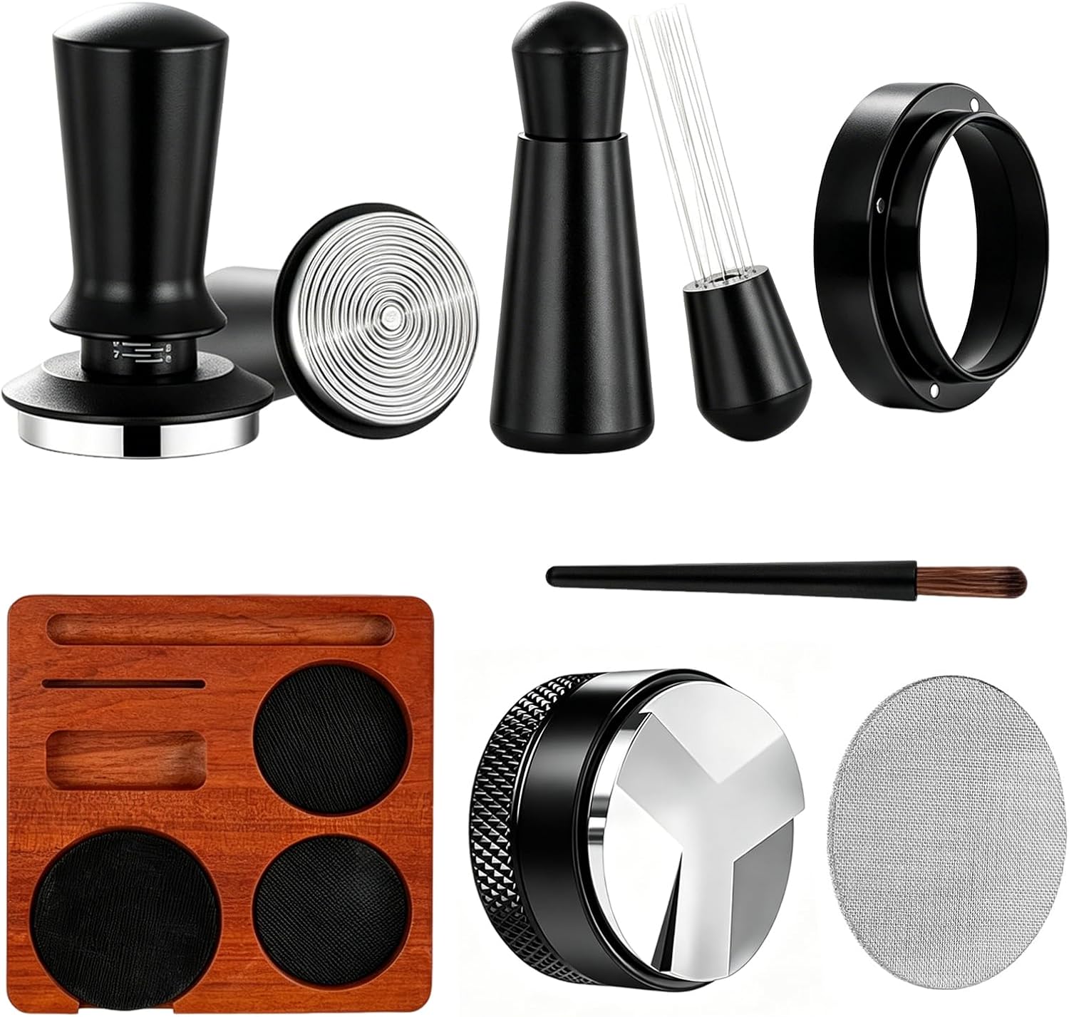 54mm Espresso Accessories Kit, 7Pcs Coffee Tamper Set with Wooden Tamping Station, Tamper, WDT Tool, Distributor