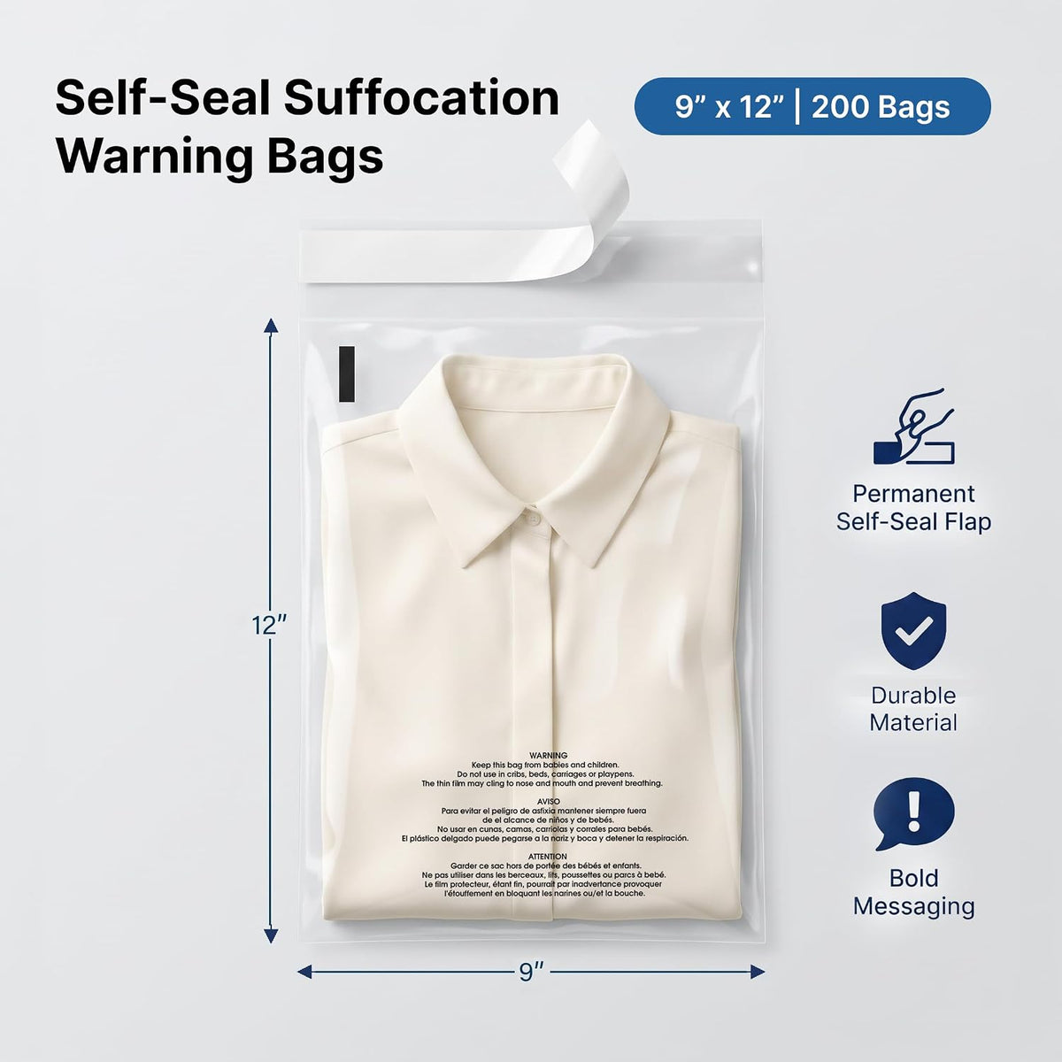 9” X 12” (200 Count) Self Seal Clear Poly Bags with Suffocation Warning