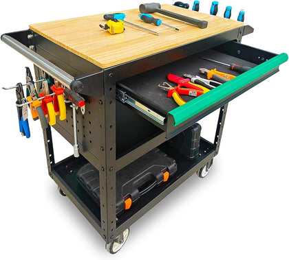 StrideoooTrek Rolling Utility Cart with Wooden Top, 3-Tier Mobile Workshop Table, Heavy-Duty Wheels,330LB Load