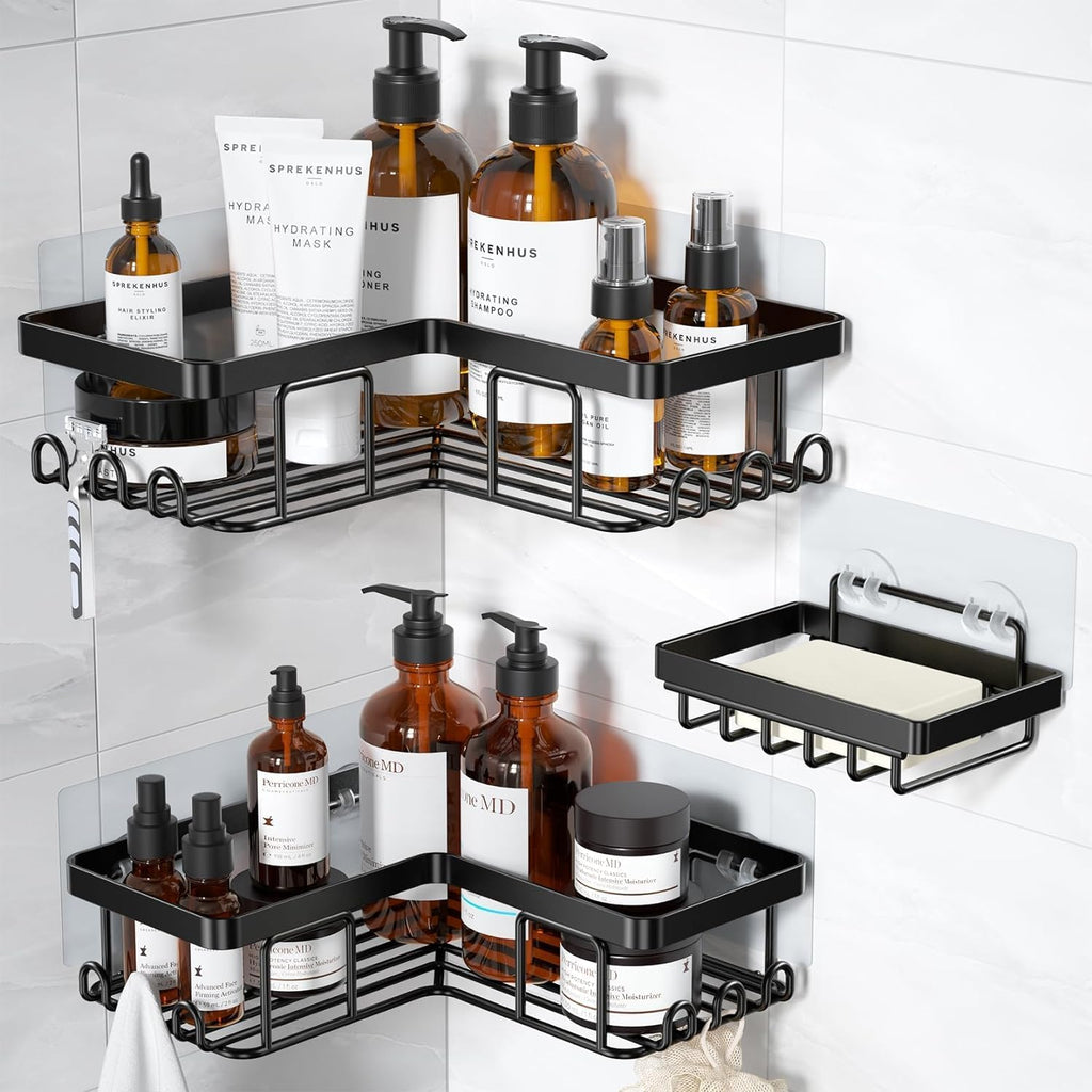 Corner Adhesive Shower Caddy, with Soap Holder and 12 Hooks, Rustproof Stainless Steel Bathroom Organizer, No