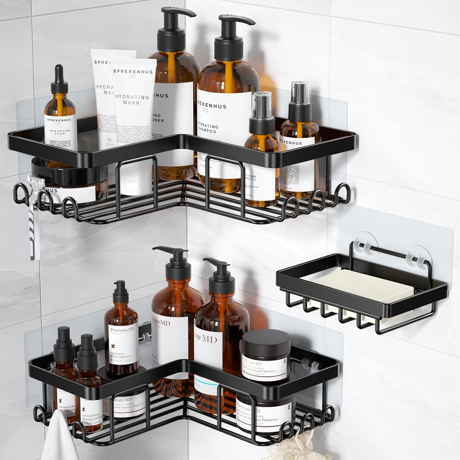 Corner Adhesive Shower Caddy, with Soap Holder and 12 Hooks, Rustproof Stainless Steel Bathroom Organizer, No