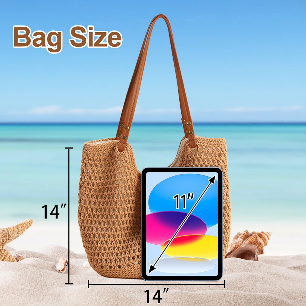 Crochet Beach Bag Summer Purse Boho Small Tote for Women, Beige