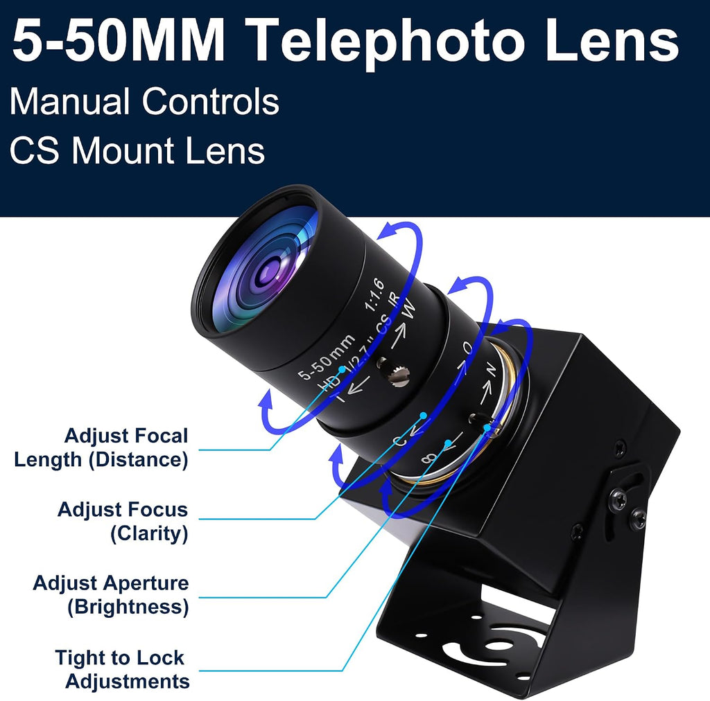 1080P USB Webcam with Telephoto 5-50mm Lens, Full HD Computer Camera 100fps/60fps/30fps for Windows/Mac/Linux/Android