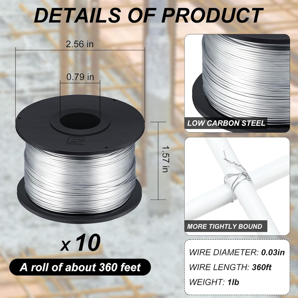 10 Rolls Rebar Tie Wire Tool 1/32" 0.8 mm 360 ft Rebar Gun Tie Wire Coil for Automatic Twister Machine, 3600 ft Totally