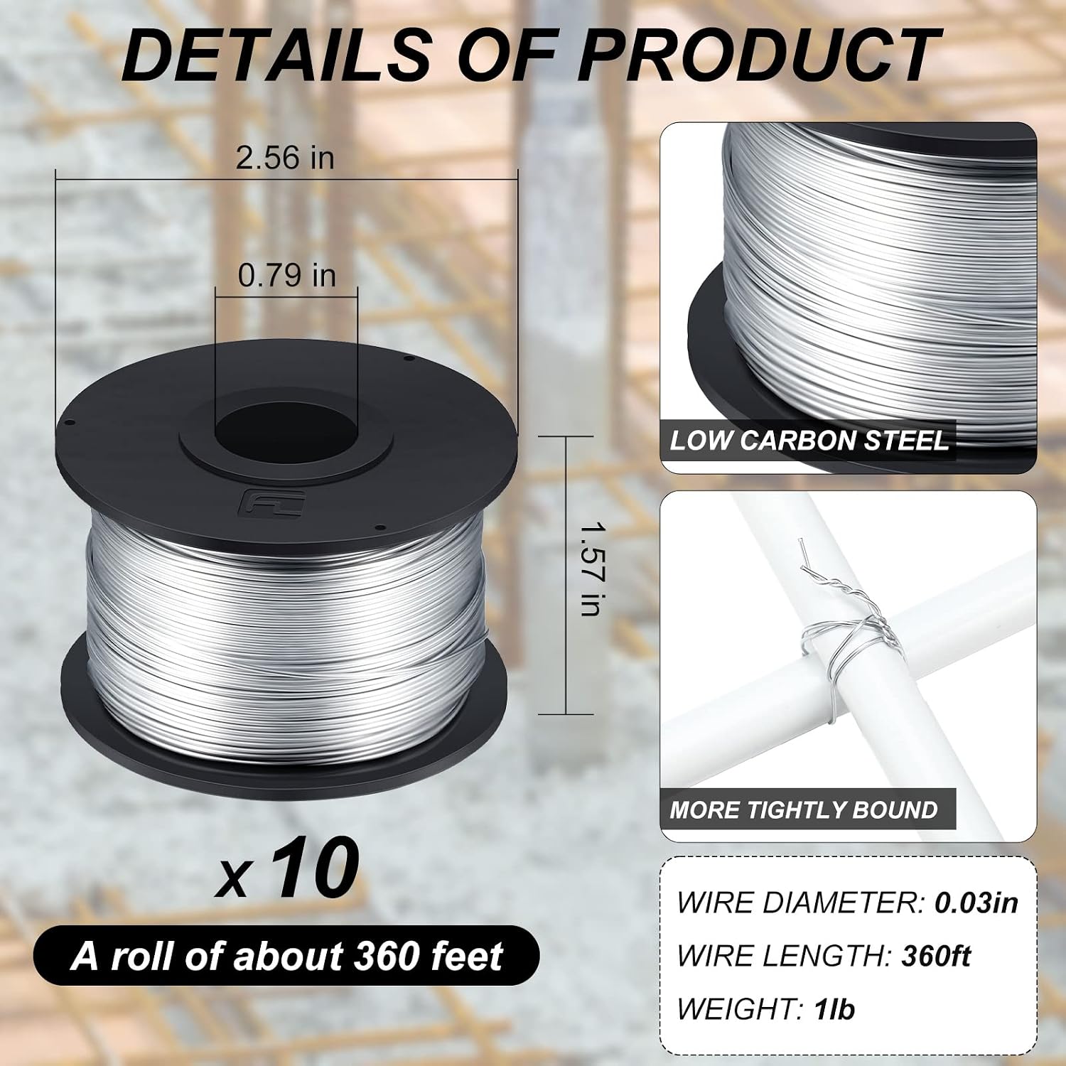 10 Rolls Rebar Tie Wire Tool 1/32" 0.8 mm 360 ft Rebar Gun Tie Wire Coil for Automatic Twister Machine, 3600 ft Totally