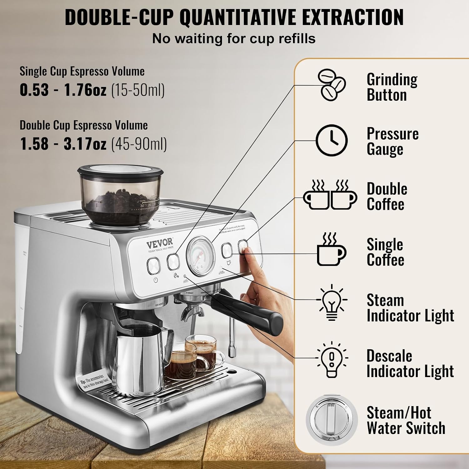 Espresso Machine Built-in Grinder, 15 Bar Semi-Automatic Espresso Coffee Maker with Milk Frother Steam Wand, PID