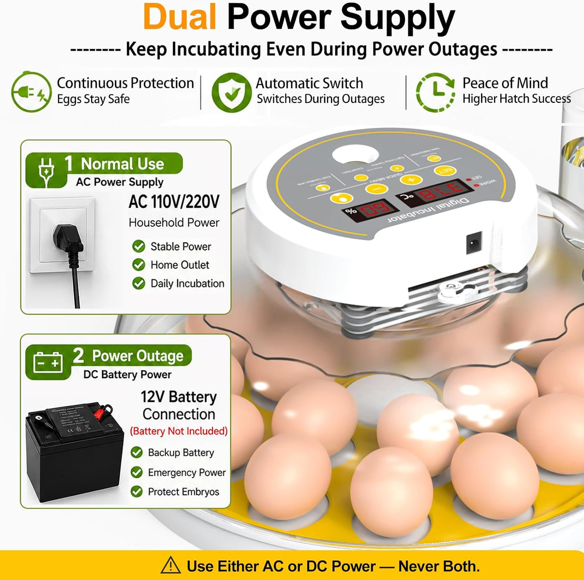 18/60 Incubator for Hatching Eggs, Egg Incubators with Humidity Display, Egg Candler, Automatic Egg Turner, Poultry