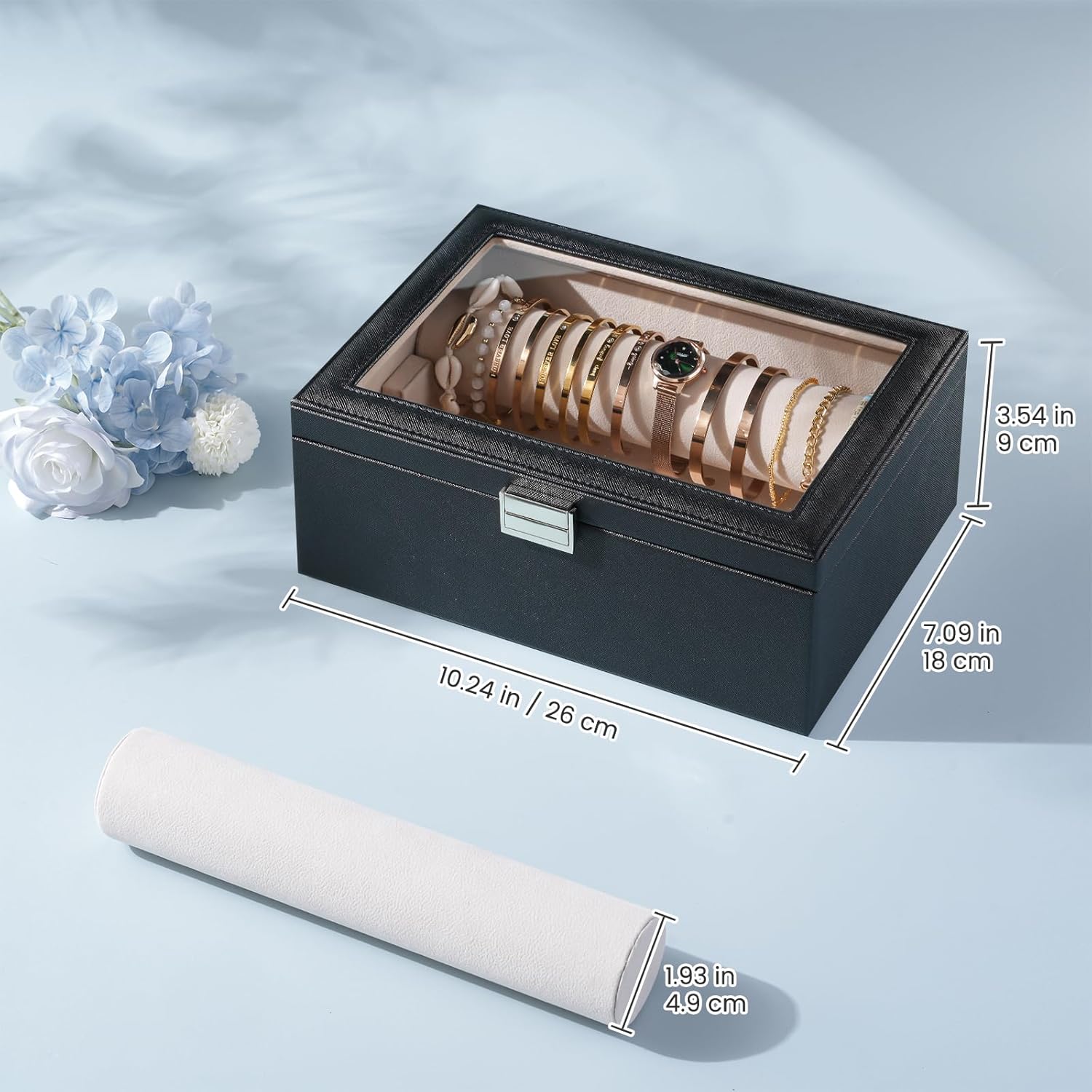 Bracelet Display Holder with Clear Lid -Black | Jewelry Organizer with 2 Velvet Display Rods, Perfect Storage Case
