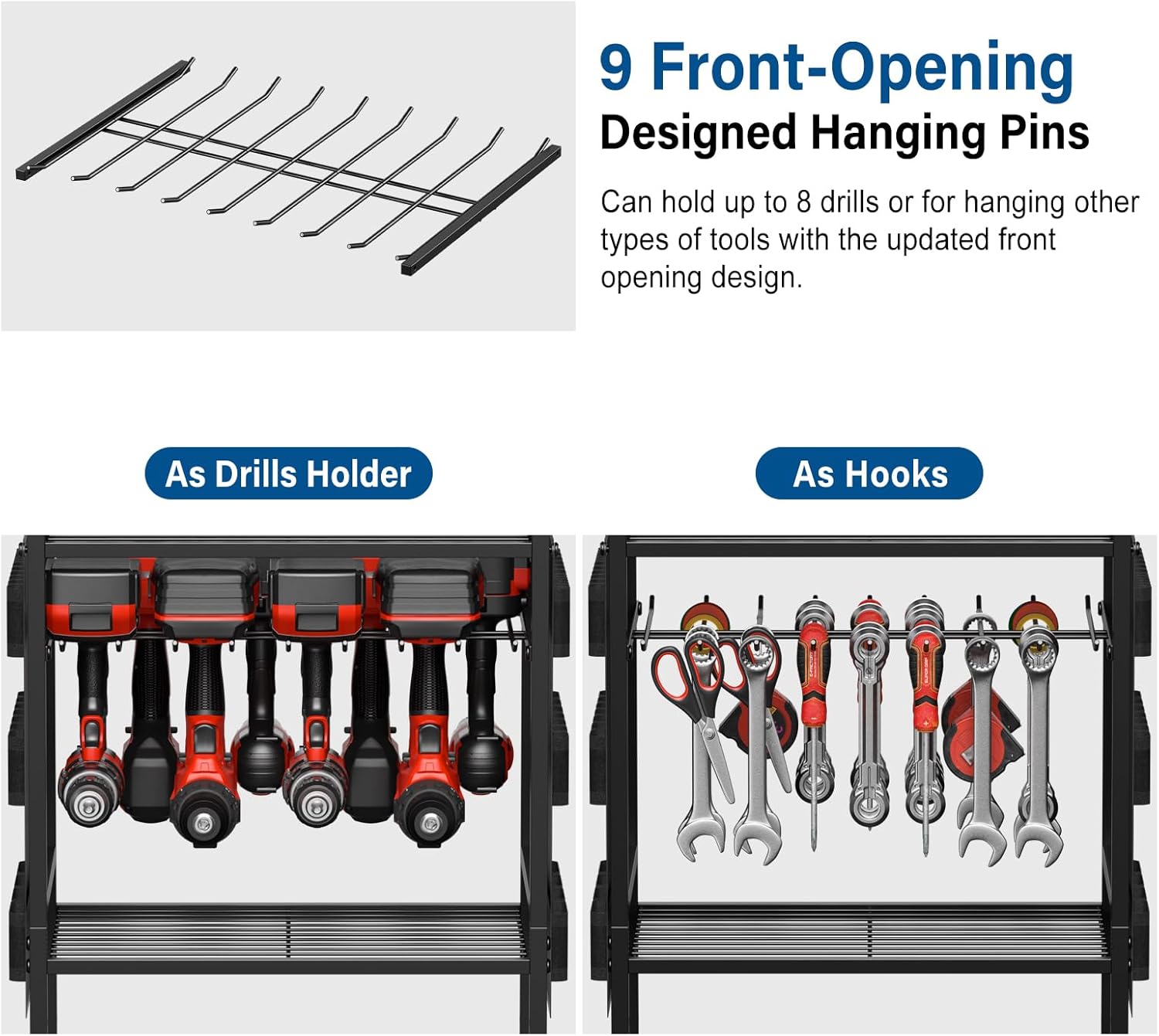 Garage Large Power Tool Organizer Cart with 8 Outlet 3 USB Charging Station, Floor Rolling Drill and Tools Battery