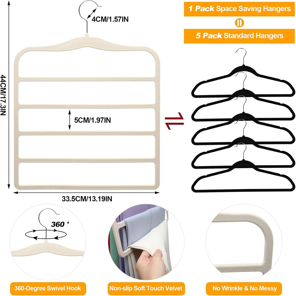 Closet Organizers and Storage, 5 Pack Velvet Pants-Hangers-Space-Saving | Non Silp 5 Tier Clothes-Hanger for