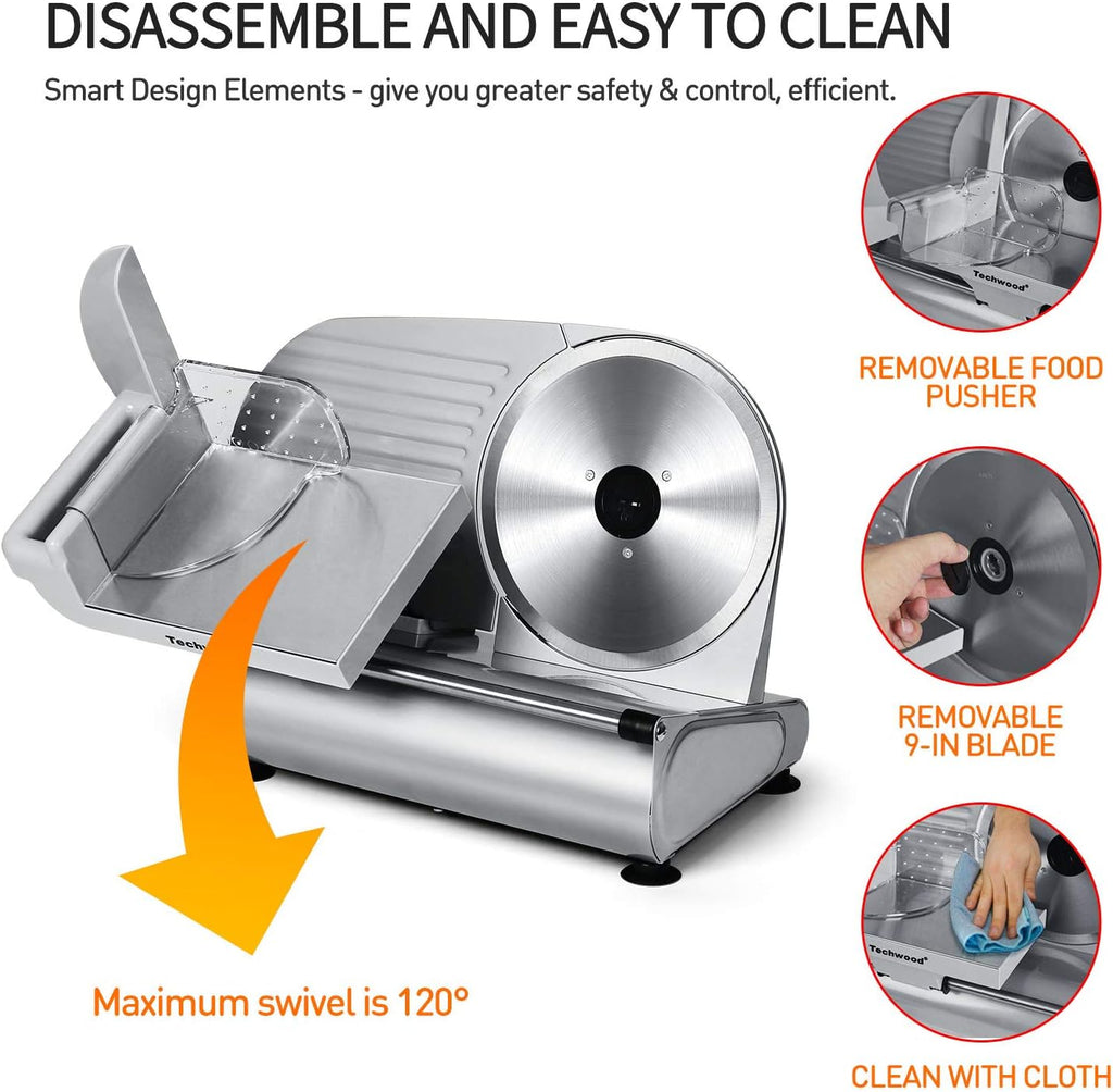Meat Slicer, Techwood Electric Deil Food Slicer with Removable 9” Stainless Steel Blade, Deli Cheese Fruit Vegetable