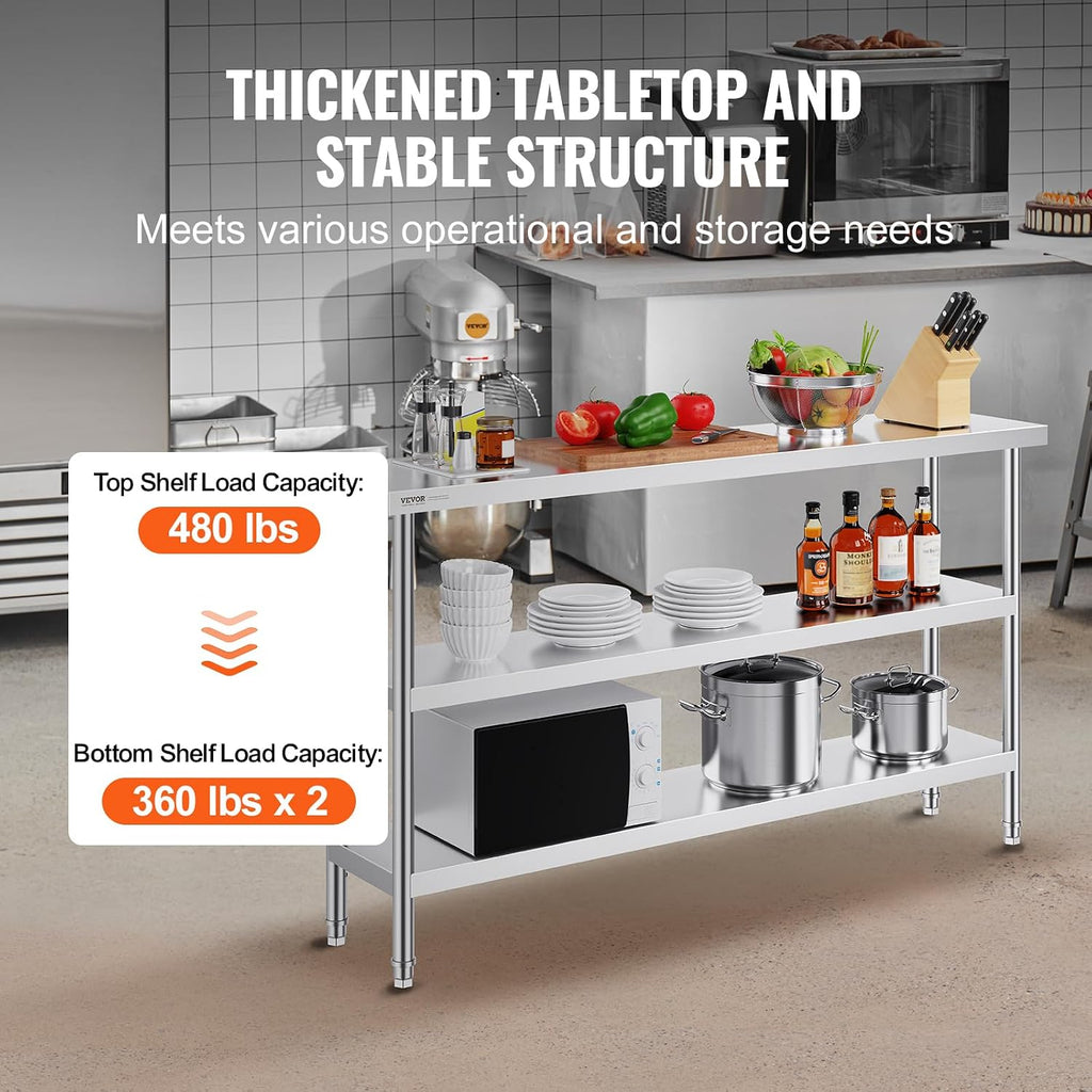 Stainless Steel Food Prep Table, 14 x 60 x 34 Inch Commercial Kitchen Worktable, with 2 Adjustable Undershelf, Heavy