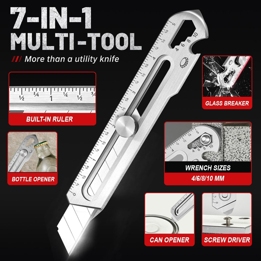 2PC 7-in-1 Stainless Steel Utility Knife, 18mm Snap-Off Box Cutter