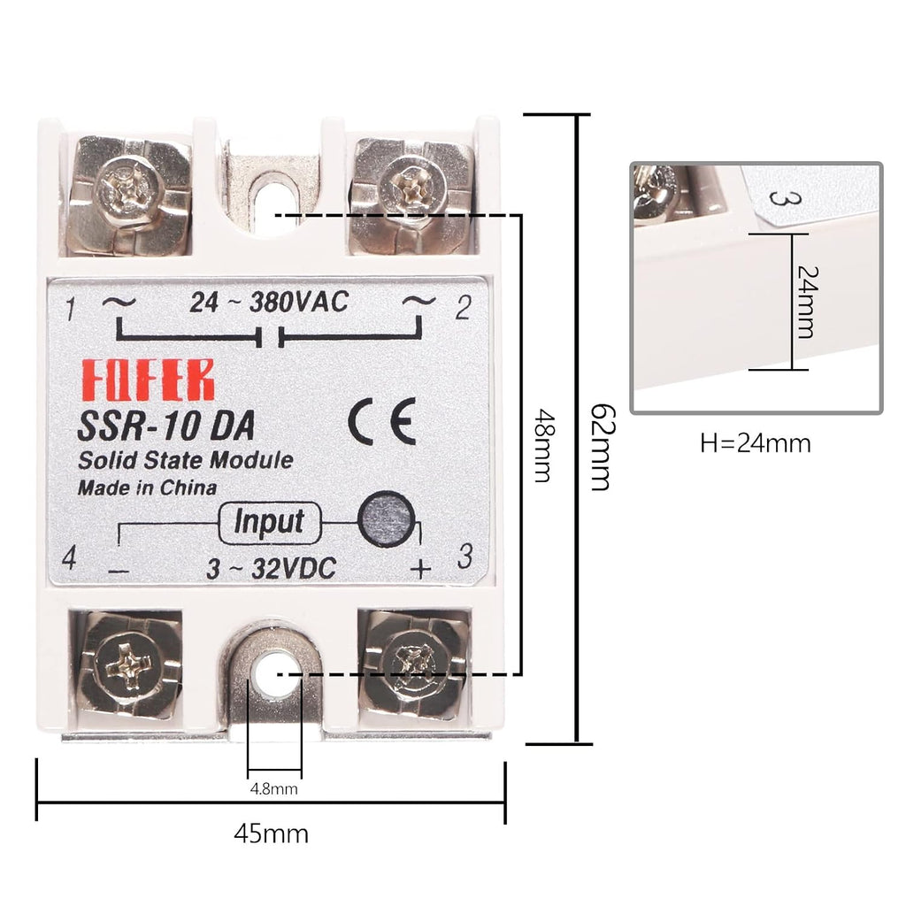 3pcs SSR-10DA Solid State Relay Single Phase Semi-Conductor Relay Module Input 3-32V DC Output 24-380V AC for Temperature Controller