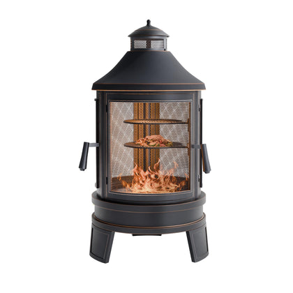 Metal Outdoor Fire Pit for Outside Wood Burning，24 Inch Chiminea Outdoor Fireplace with Adjustable Grill Tray, Spark