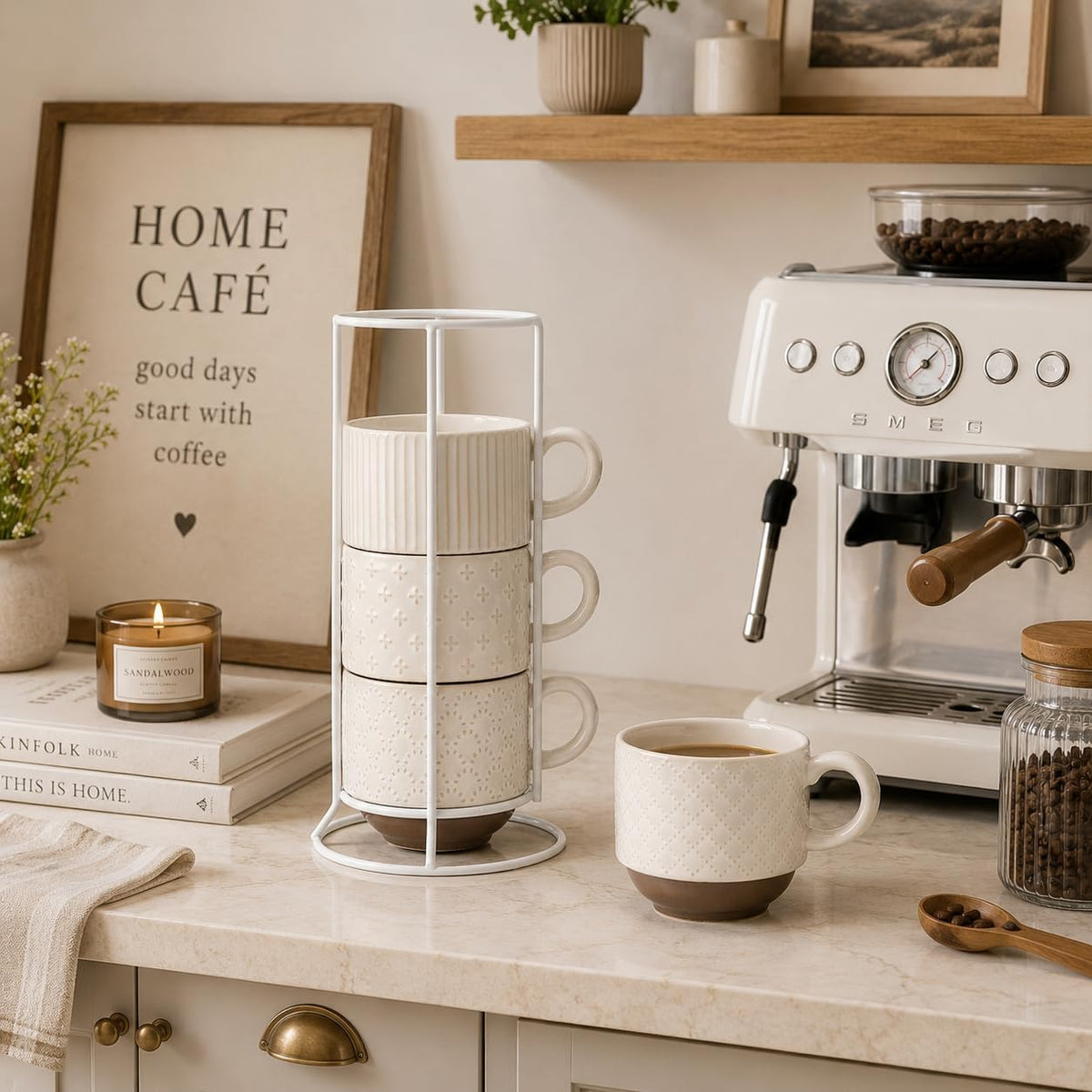 Large Ceramic Coffee Mug Set of 4 with Stand, 15 Oz Stackable Different Embossment Ribbed Latte Cup Set for