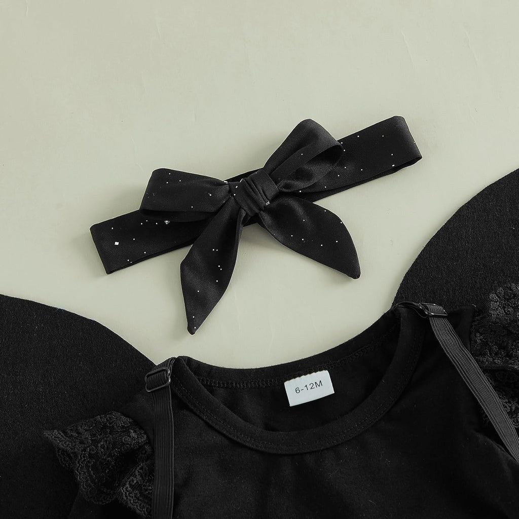 Infant Toddler Baby Girls Halloween Costume Black Bat 4PCS Set | Black Bat Long Sleeve Ruffle Romper