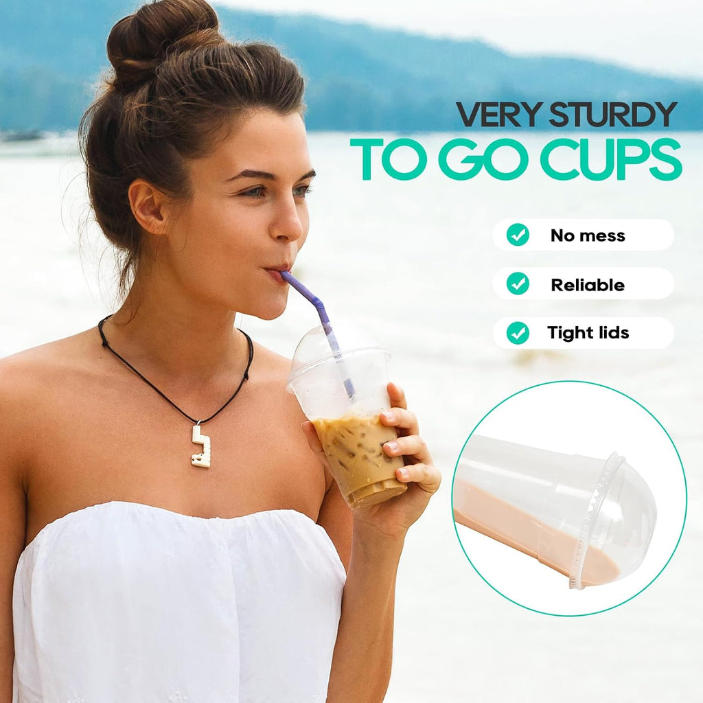 100 PACK 12 oz Clear Disposable Plastic Cups with Dome Lids