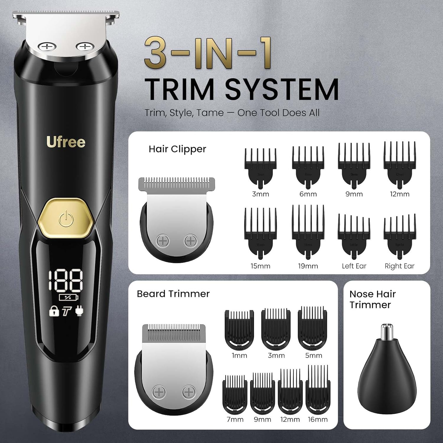 3-in-1 Beard Trimmer for Men, IPX6 Waterproof Electric Razor Shaver, Hair Mustache Body Nose Trimmer, Type-C Clippers