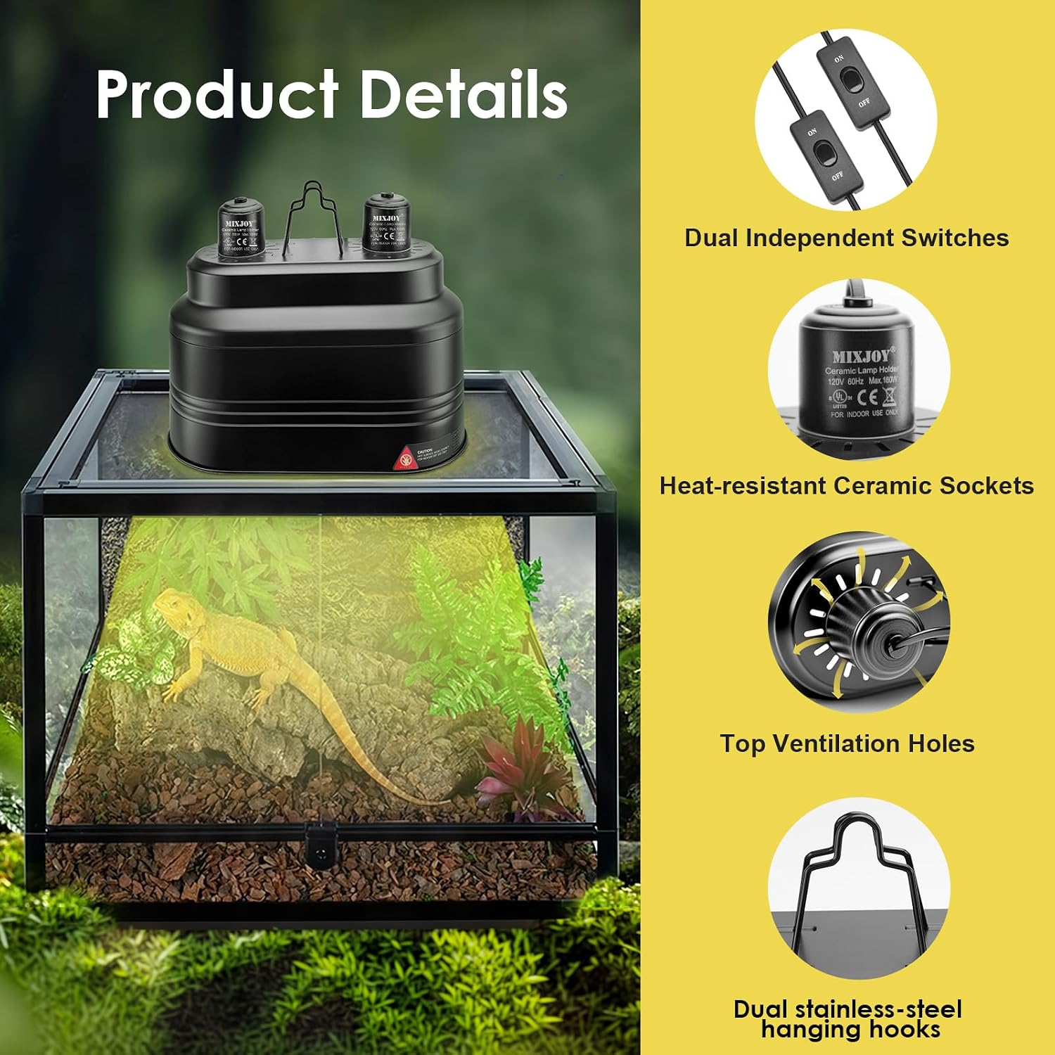 Dual Reptile Light Fixture, Max 160W Each Heat Lamp Fixture with Separate Switches, Fits Reptile Light/Heat Lamp/UVB