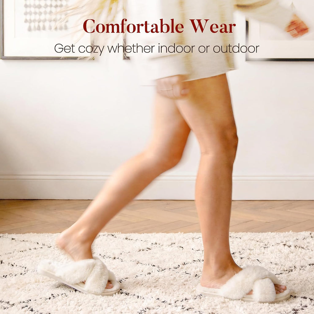 Memory Foam Fuzzy Slippers for Women,Open Toe House Shoes | Faux Fur Cross Band,Indoor Outdoor Slippers, Anti-Slip