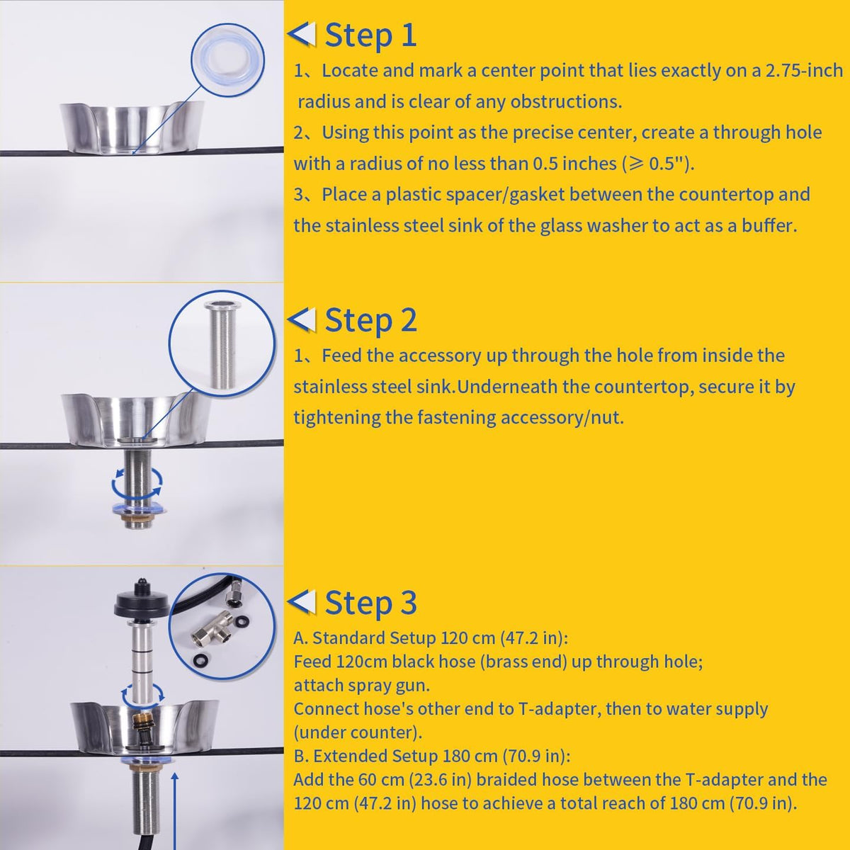 304 Stainless Steel Glass Rinser, 360° Rotating Sink Attachment with 180cm Hose & Pull-Out Spray Gun, Deck Mount Cup