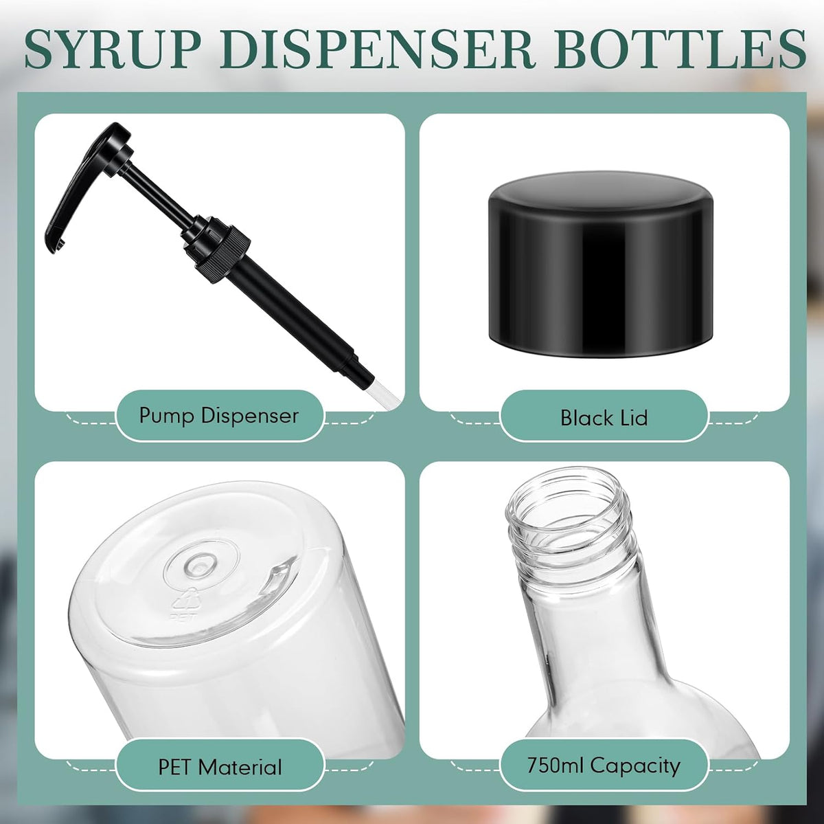 6 Pcs 25 oz Plastic Syrup Bottles with Pump Syrup Dispenser, Black