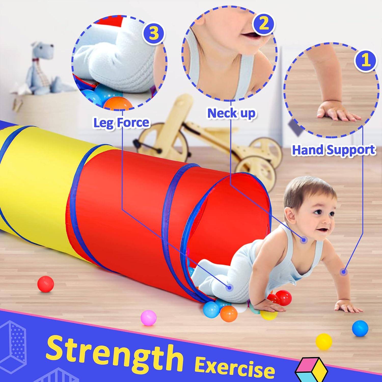 Pop Up Play Tunnel Tent for Toddlers Babies or Dogs, Indoor & Outdoor Toys for Kids Backyard Playset. (Red,Yellow,Blue)
