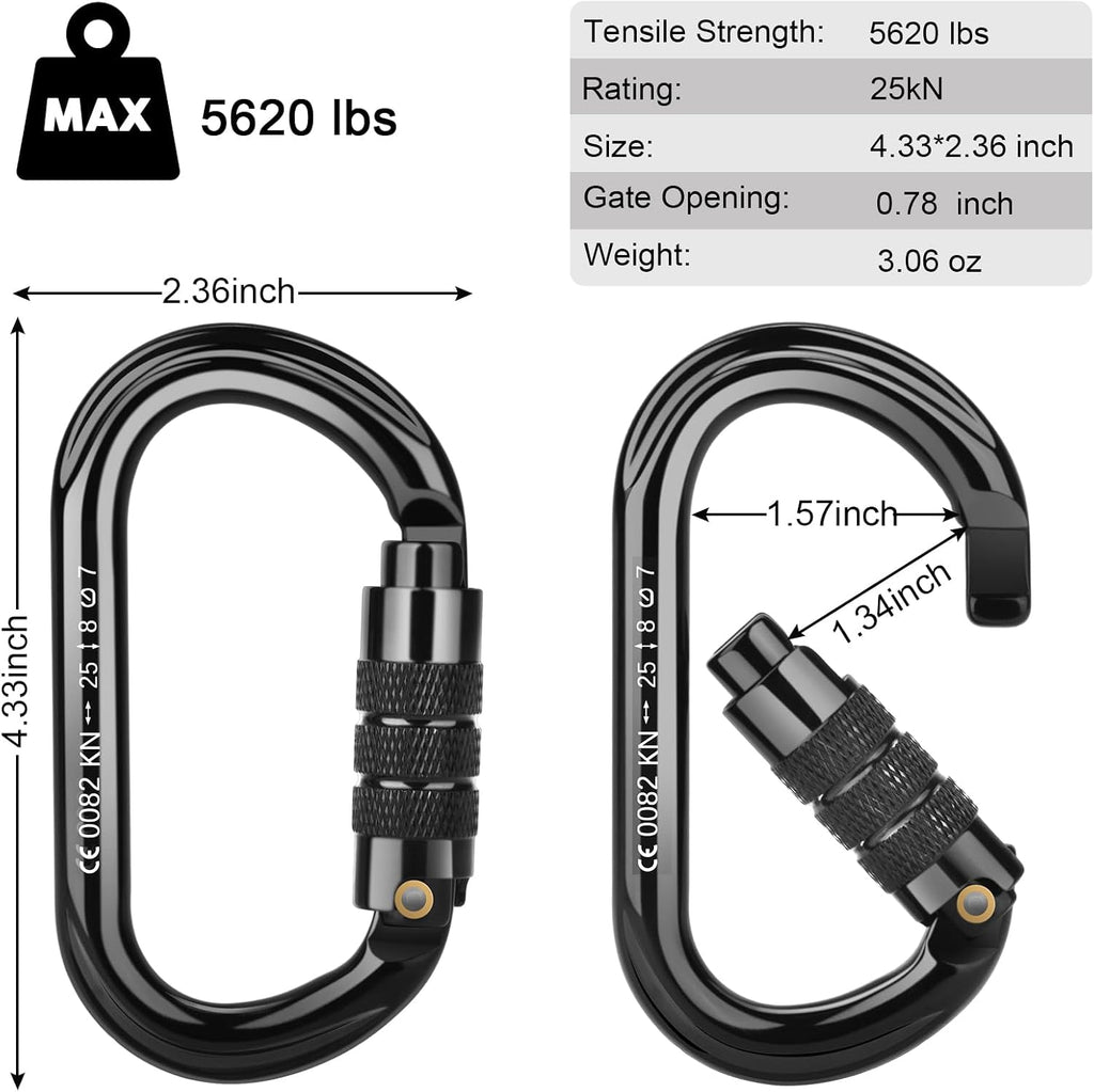 CE Certified Auto Locking Climbing Carabiners, Professional 25KN (5620 lbs) Heavy Duty Caribeaners for Rappelling