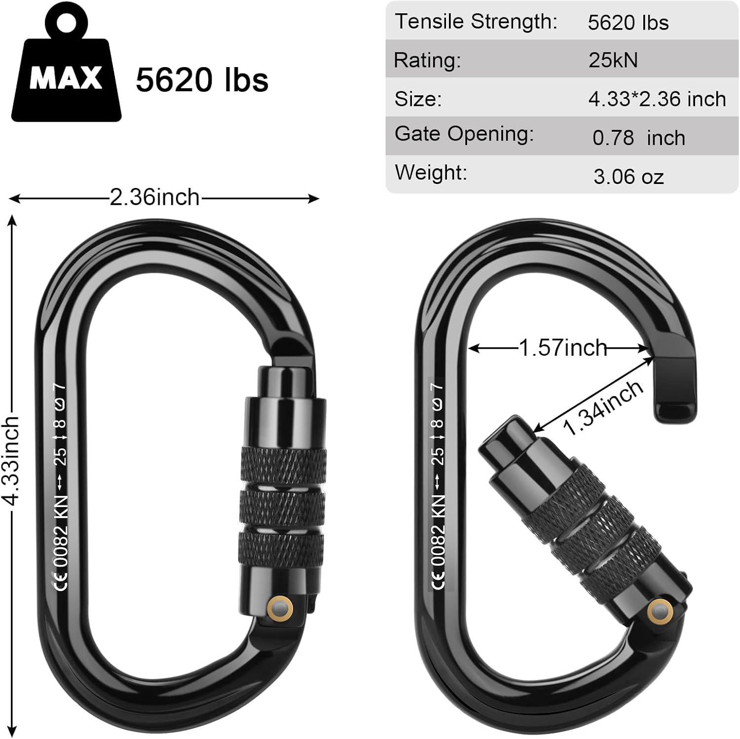 CE Certified Auto Locking Climbing Carabiners, Professional 25KN (5620 lbs) Heavy Duty Caribeaners for Rappelling