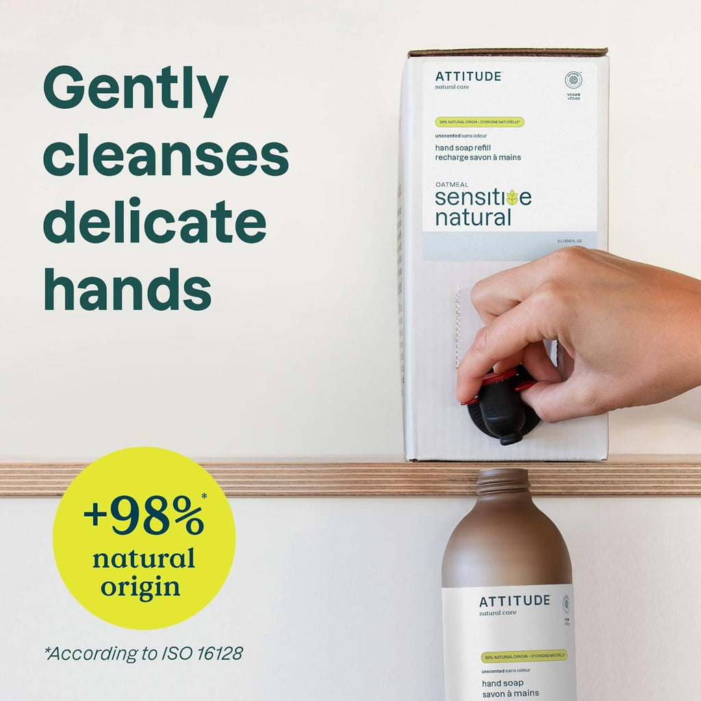 ATTITUDE Gentle Hand Soap, 4X Refill, Oat, Unscented, 67.6 oz