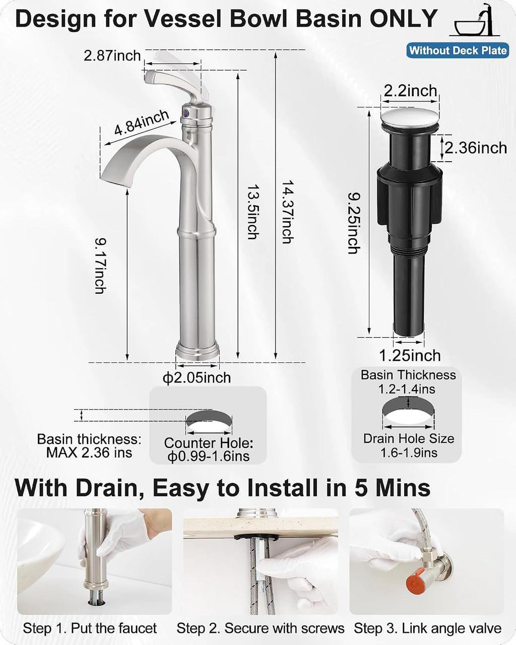 Bathroom Vessel Sink Faucet Brushed Nickel, Brass Tall Waterfall Bathroom Faucet 1 Hole Bathroom Sink Faucet Single