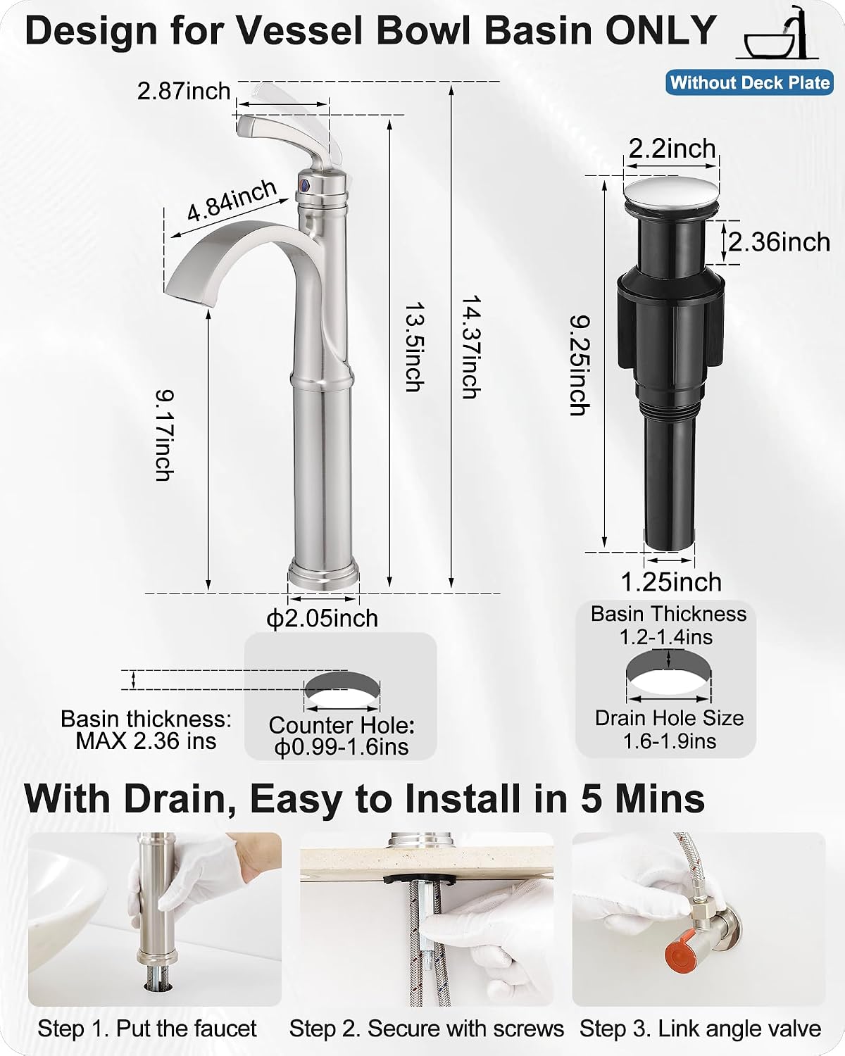 Bathroom Vessel Sink Faucet Brushed Nickel, Brass Tall Waterfall Bathroom Faucet 1 Hole Bathroom Sink Faucet Single