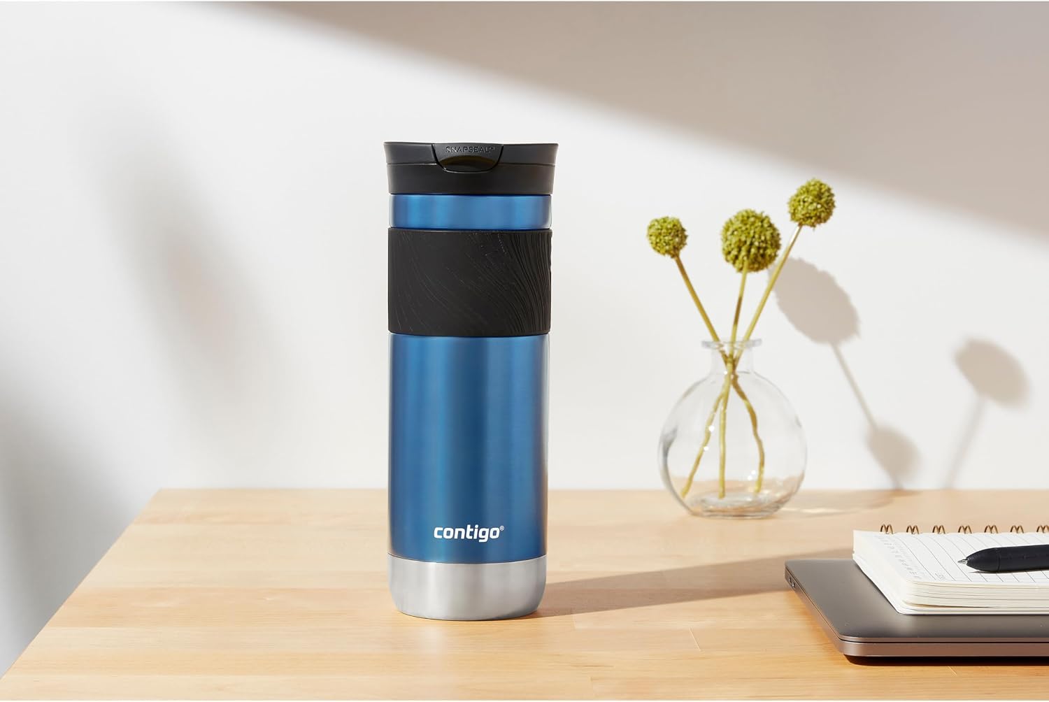 SNAPSEAL Insulated Stainless Steel Travel Mug with Grip 20oz. Blue Corn Transparent Satin & Midnight Berry
