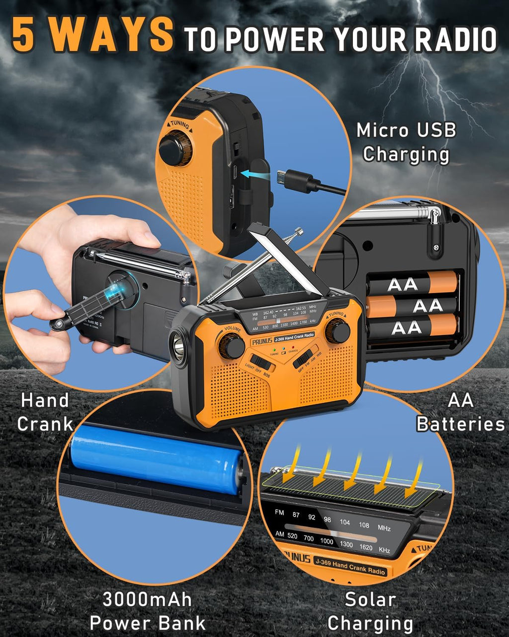 J-369 11100mWh Emergency Weather Radio NOAA/AM/FM | AA Batteries/Hand Crank/Solar/USB Charging, LED Flashlight and