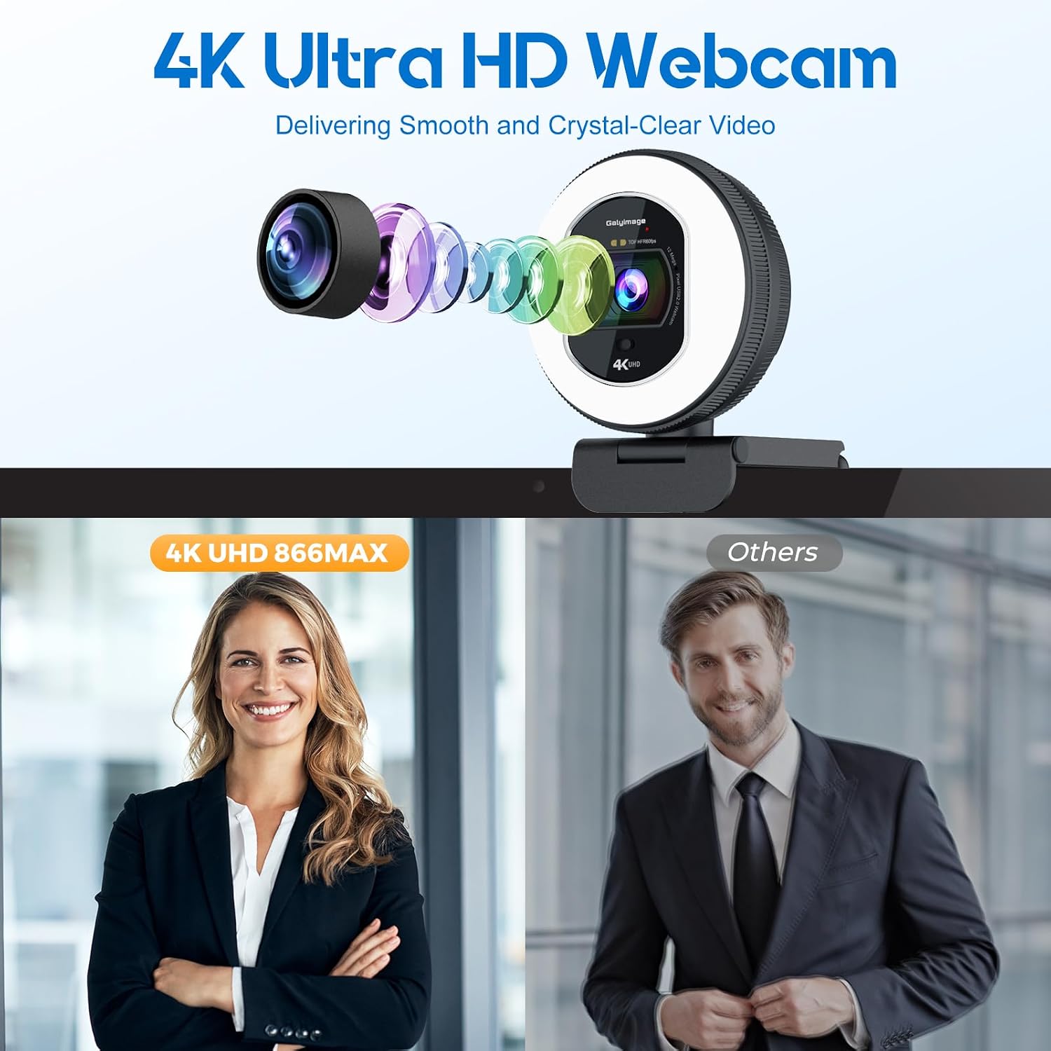 4K Webcam with Ring Light & Built-in Microphone for PC Streaming | PDAF Autofocus,Supports 1080P 60FPS, Comes with