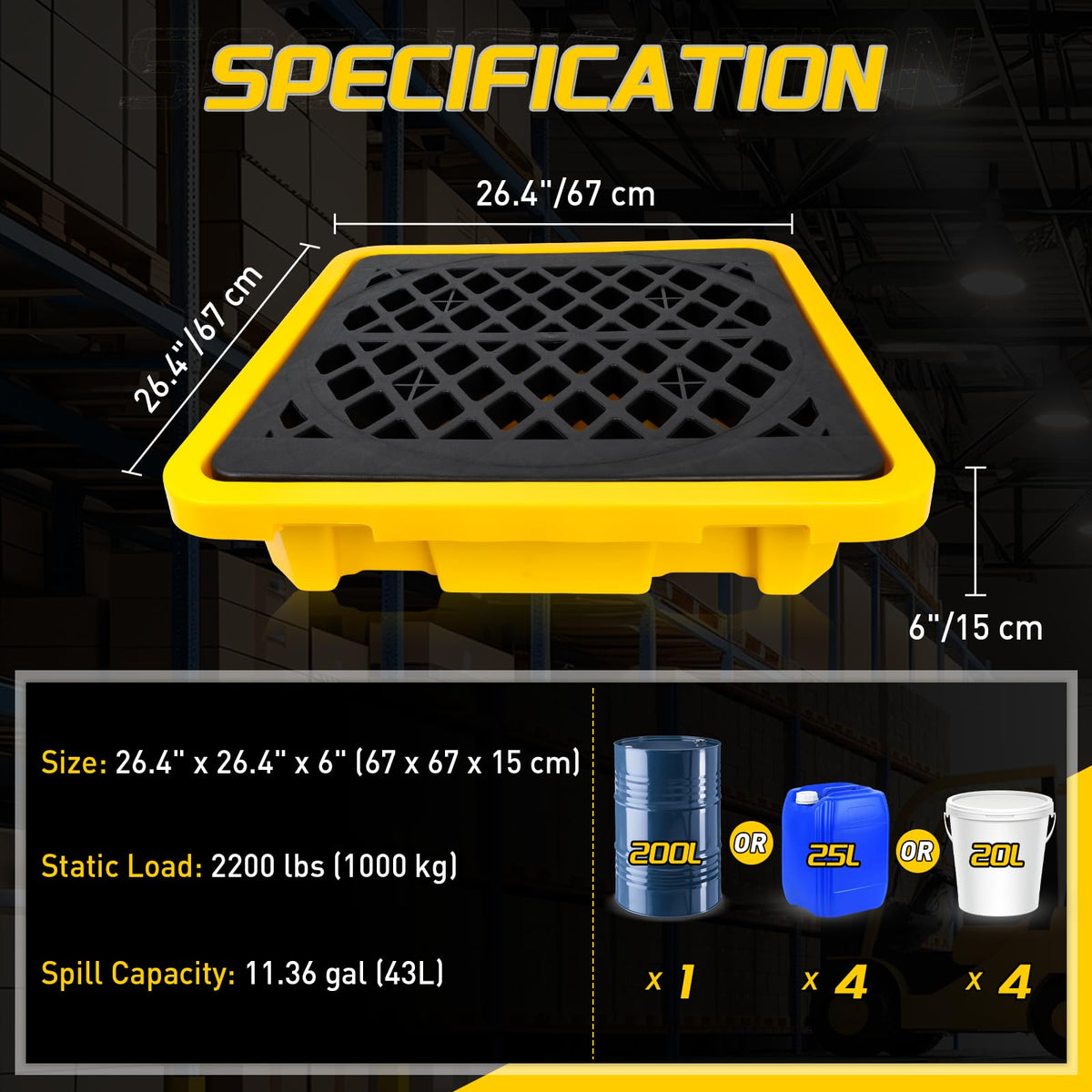 1 Drum Spill Containment Pallet, Leakproof Spill Tray with Drain